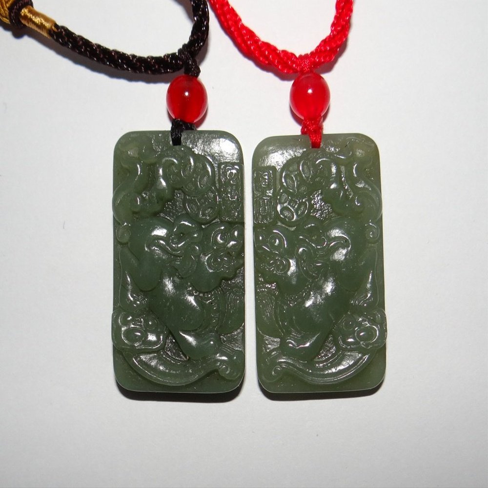1.7"China Certified Nature Hetian Nephrite Jade Wealth Pixiu Pair Plate Pendants 9565