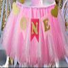 1st Birthday Girl Baby Tutu for High Chair Decoration and "ONE" Pennant Happy Birthday for Highchair view 2