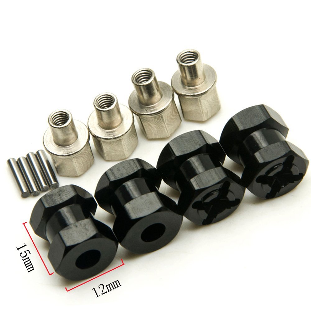 A Set of Aluminum Alloy 12mm Wheel Hub Hex Drive Adaptor + 15mm Offset for 1:10 Axial SCX10 /Wraith RC Crawler Car (Black, 15MM)