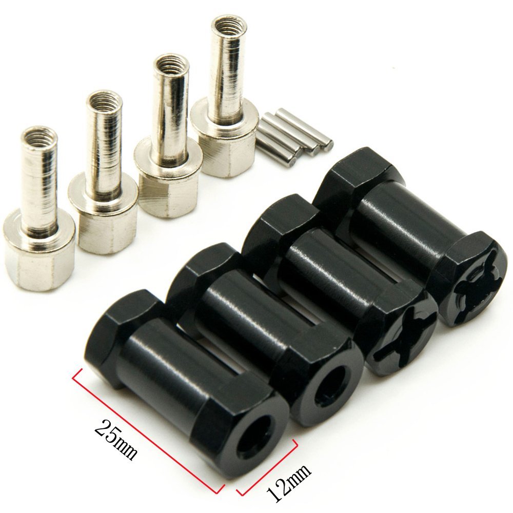 A Set of Aluminum Alloy 12mm Wheel Hub Hex Drive Adaptor + 25mm Offset for 1:10 Axial SCX10 /Wraith RC Crawler Car (Black, 25MM)