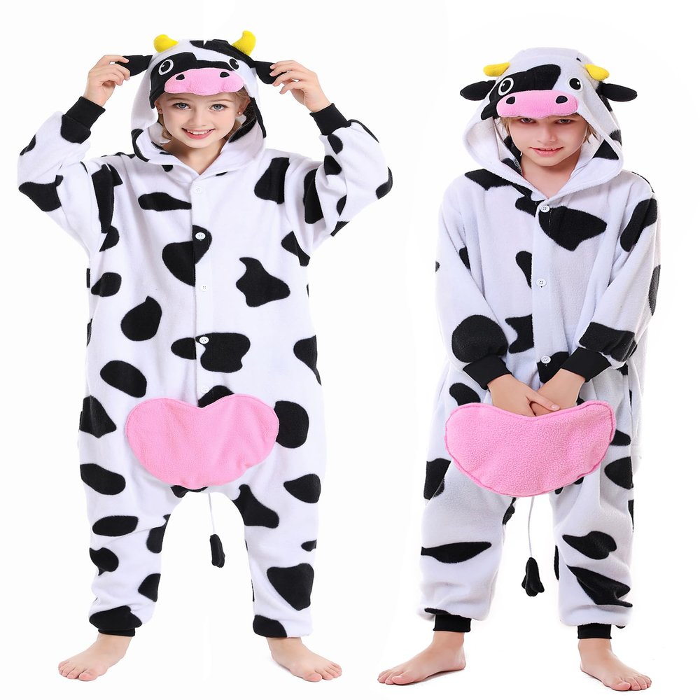 CANASOUR Cow Onesie Kids Halloween Cosplay Costume Girls One Piece Pjs Anime Unisex Hoodie Pajamas For 6-8 Years Boys Party Pyjamas (Height 47-51, 6 Years, Cow)