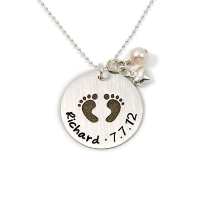 AJ's Collection Baby Footprint Personalized Sterling Silver Name Necklace, Customize with Name, Date or Special Wording, Engraved with Solid Baby Feet, Choice of 925 Chain, New Mom Gift