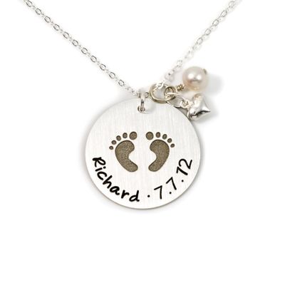 AJ's Collection Baby Footprint Personalized Sterling Silver Name Necklace, Customize with Name, Date or Special Wording, Engraved with Solid Baby Feet, Choice of 925 Chain, New Mom Gift