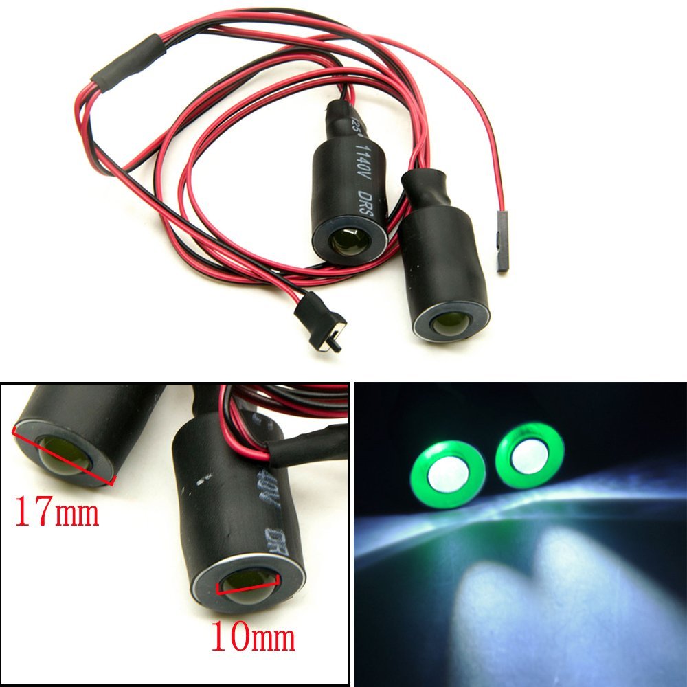 QUE-T 17mm 2 LEDs Angel Eyes & Demon Eyes LED Headlight/Back Light for 1:10 RC Model Crawler Cars, (Green + White, 17MM)