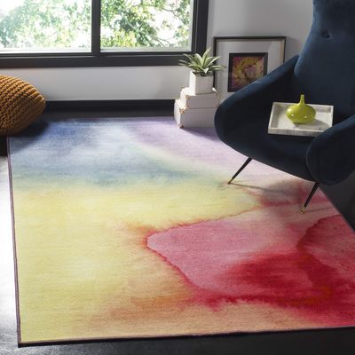 SAFAVIEH Washable Rug Paint Brush Collection - 4'4" x 6', Fuchsia & Yellow, Slip Resistant & Easy to Clean, Ideal for Living Room, Bedroom, Nursery, Kids Playroom, Dining Space (PTB118A)