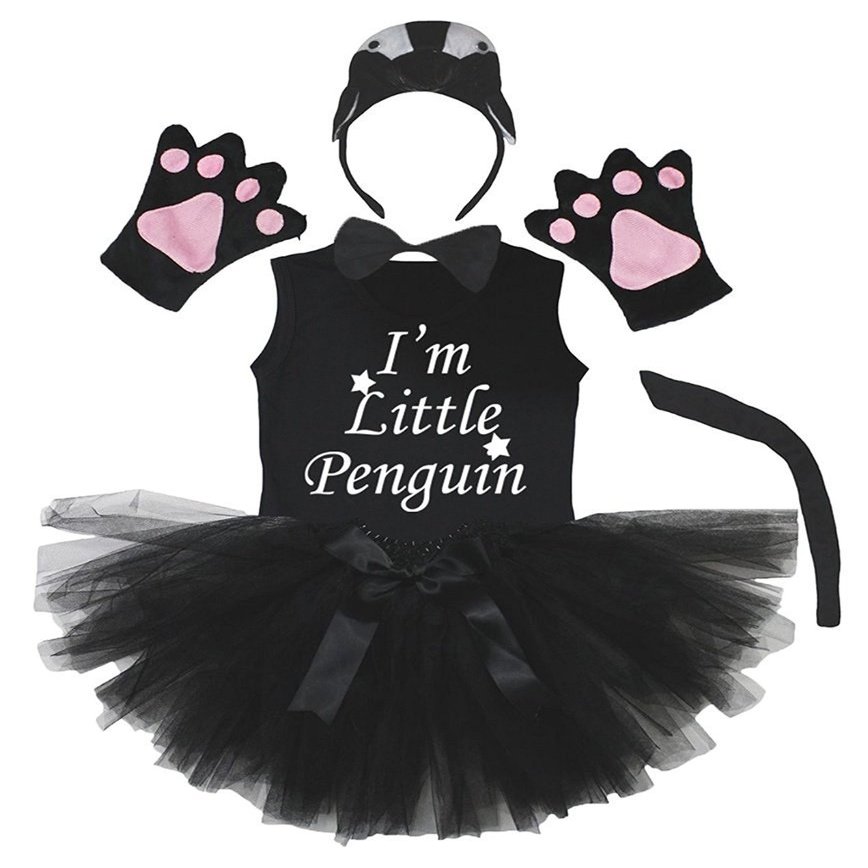 Petitebella Combined Cutie Animals Headband Tutu Shirt 6pc Girl Costume 1-8y (Penguin [ Black ], 4-5 Years)