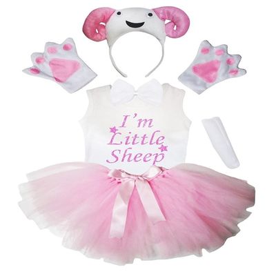 Petitebella Combined Cutie Animals Headband Tutu Shirt 6pc Girl Costume 1-8y (Sheep, 5-6 Years)