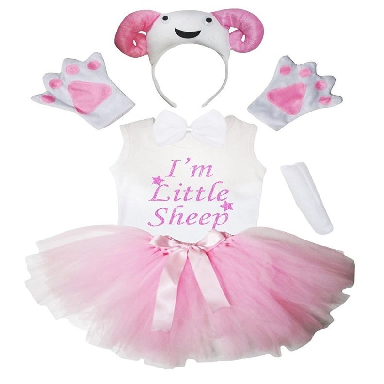 Petitebella Combined Cutie Animals Headband Tutu Shirt 6pc Girl Costume 1-8y (Sheep, 5-6 Years)