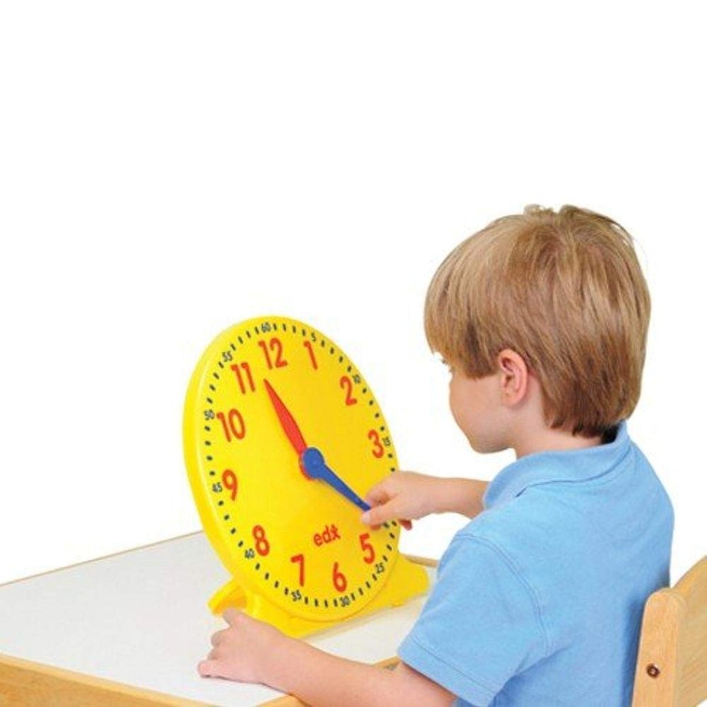 Constructive Playthings 12 in. Geared Learning Clock with Large 12-Hour Markings, Yellow, Blue and Red Colors, Plastic Teaching Clock for Classrooms, Teacher Supplies, Ages 5 Years and Up, 1-Pack