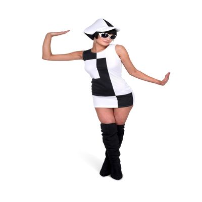 60s Mod Girl Costume - Halloween Groovy Black White Party Dress and Hat, Medium