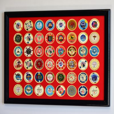 sfDisplay.com,LLC. 48 Casino Chip Coin Frame Display Case with Custom Colored Matting (Black Wood Frame, Red/Gold Matting)