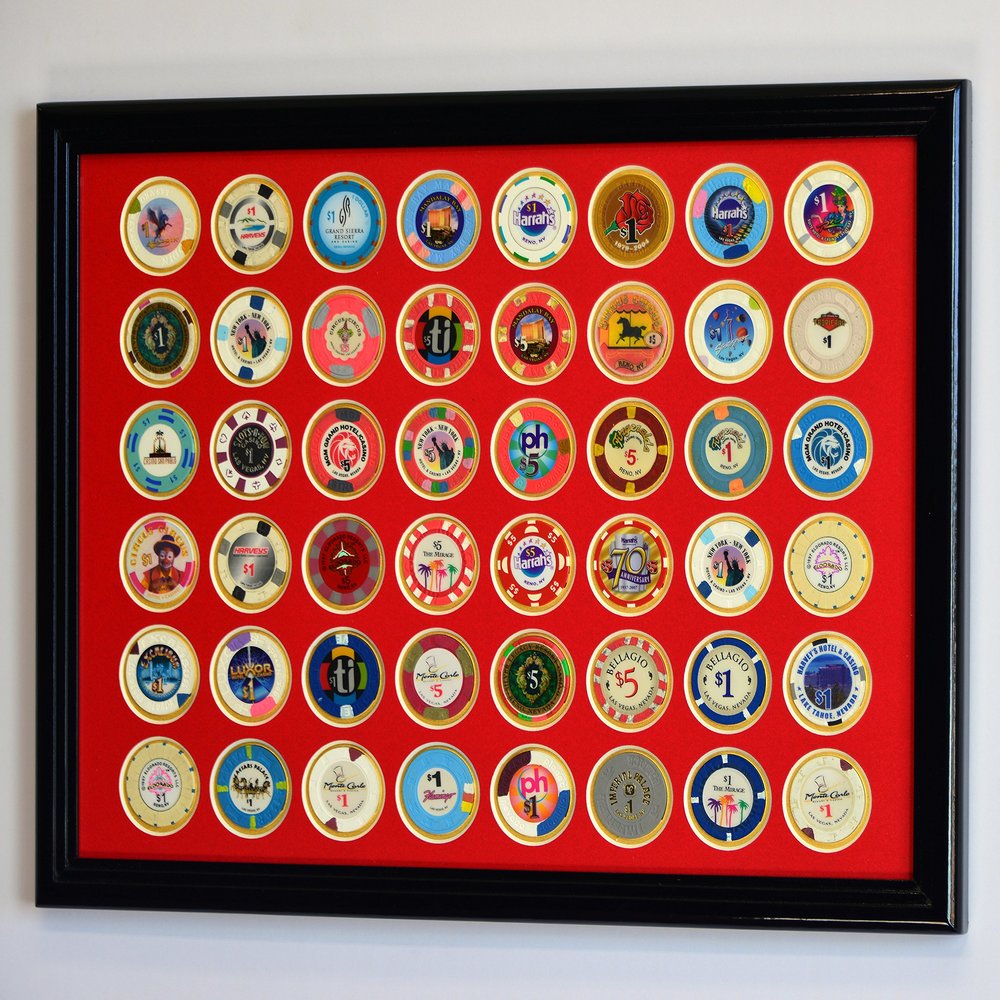 sfDisplay.com,LLC. 48 Casino Chip Coin Frame Display Case with Custom Colored Matting (Black Wood Frame, Red/Gold Matting)