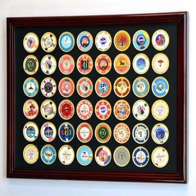 sfDisplay.com,LLC. 48 Casino Chip Coin Frame Display Case with Custom Colored Matting (Cherry Wood Frame, Black/Gold Matting)