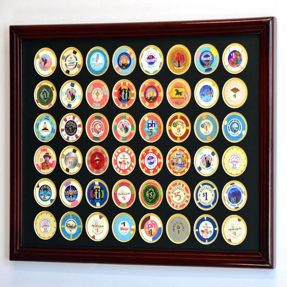 sfDisplay.com,LLC. 48 Casino Chip Coin Frame Display Case with Custom Colored Matting (Cherry Wood Frame, Black/Gold Matting)