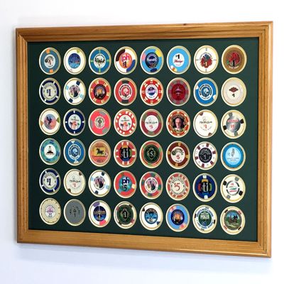 sfDisplay.com,LLC. 48 Casino Chip Coin Frame Display Case with Custom Colored Matting (Oak Wood Frame, Green/Gold Matting)