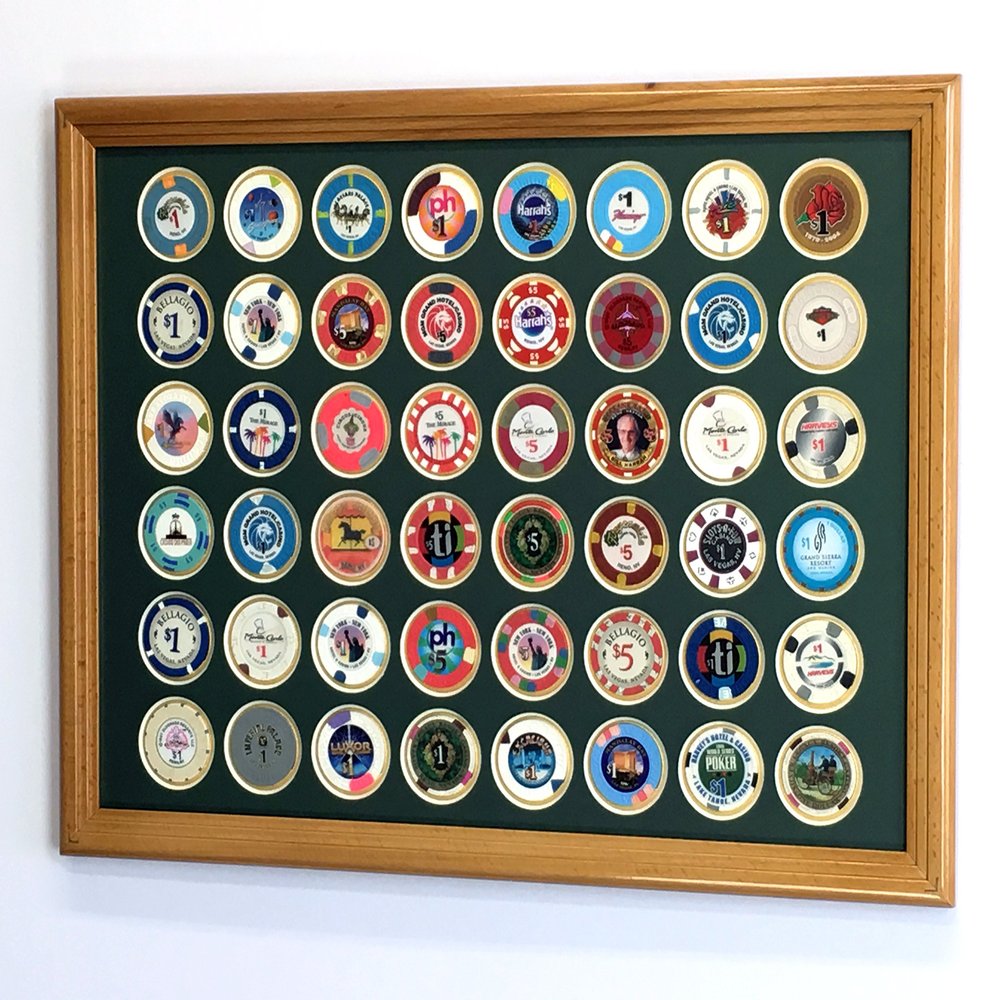 sfDisplay.com,LLC. 48 Casino Chip Coin Frame Display Case with Custom Colored Matting (Oak Wood Frame, Green/Gold Matting)