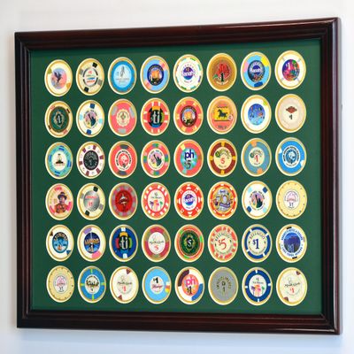 sfDisplay.com,LLC. 48 Casino Chip Coin Frame Display Case with Custom Colored Matting (Cherry Wood Frame, Green/Gold Matting)