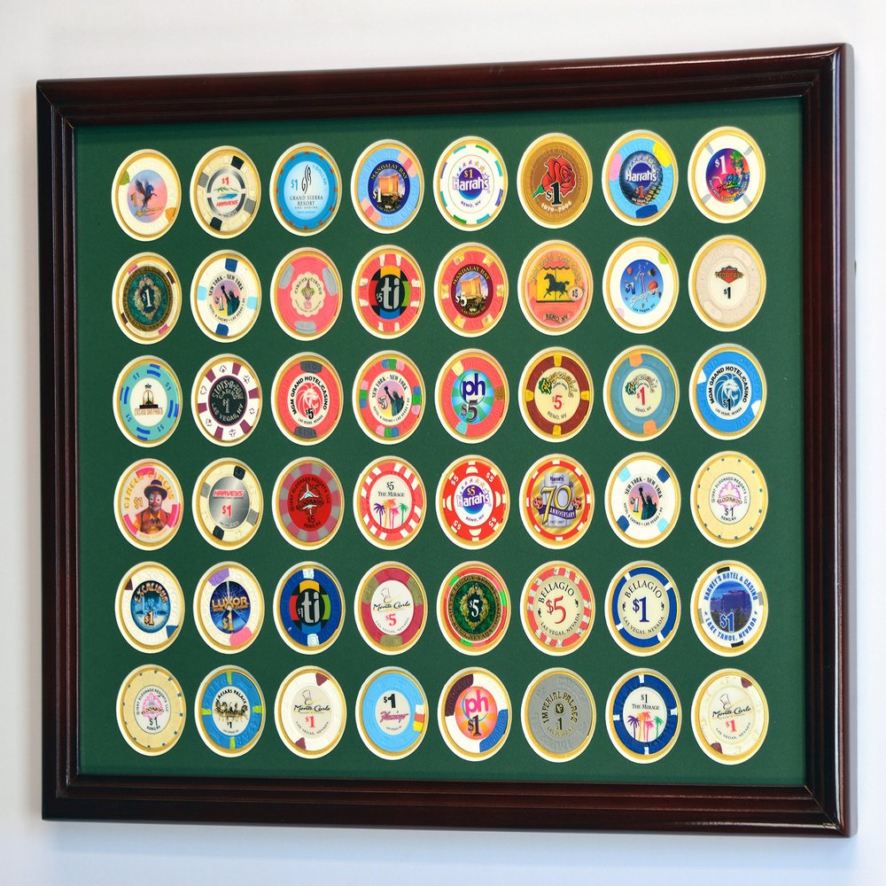 sfDisplay.com,LLC. 48 Casino Chip Coin Frame Display Case with Custom Colored Matting (Cherry Wood Frame, Green/Gold Matting)