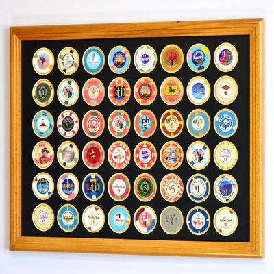 48 Casino Chip Coin Frame Display Case with Custom Colored Matting (Oak Wood Frame, Black/Gold Matting)