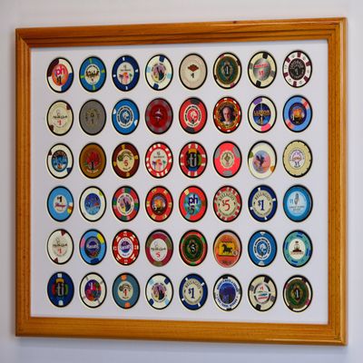 sfDisplay.com,LLC. 48 Casino Chip Coin Frame Display Case with Custom Colored Matting (Oak Wood Frame, White/Black)