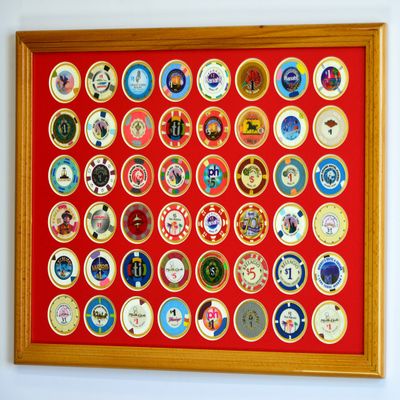 48 Casino Chip Coin Frame Display Case with Custom Colored Matting (Oak Wood Frame, Red/Gold Matting)