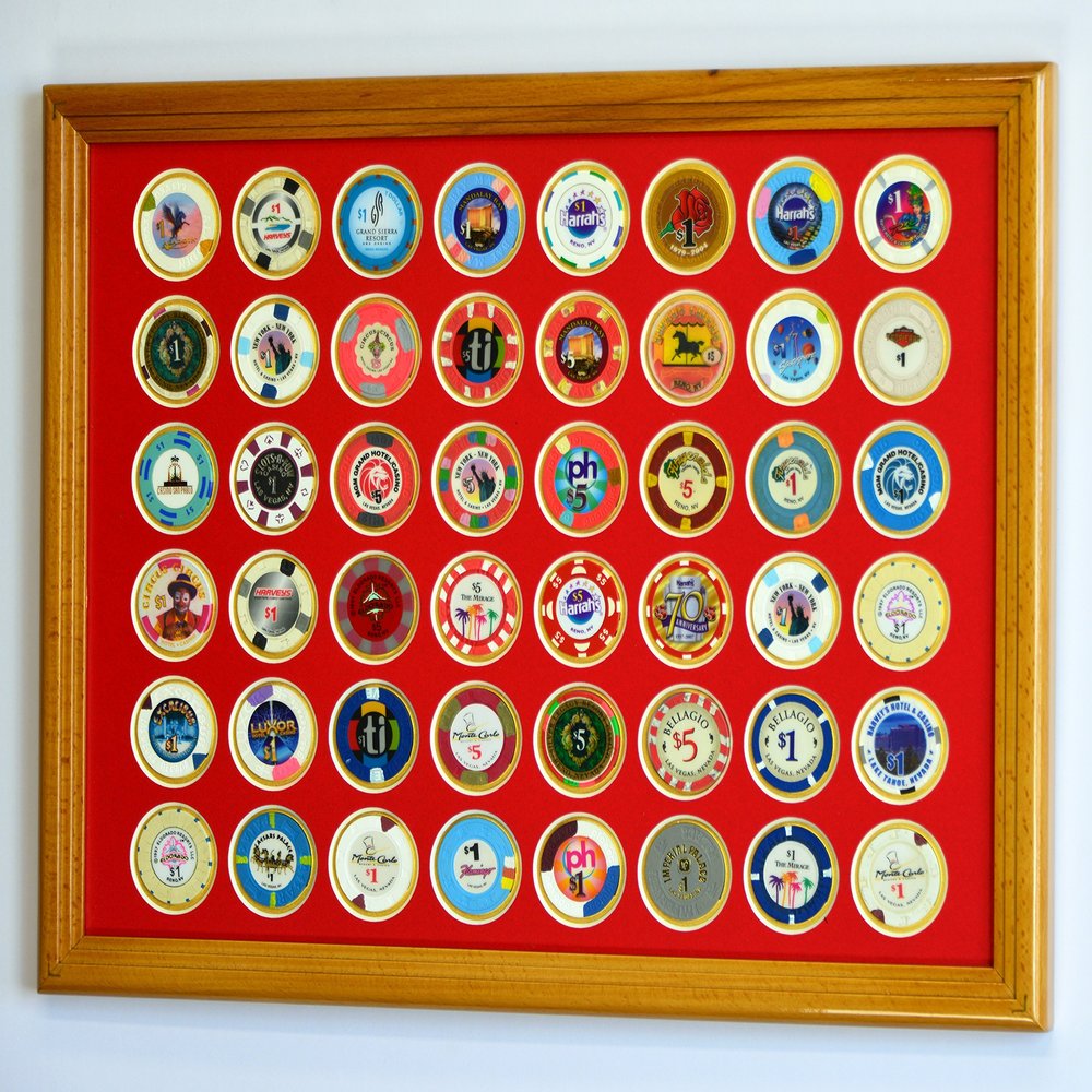 48 Casino Chip Coin Frame Display Case with Custom Colored Matting (Oak Wood Frame, Red/Gold Matting)