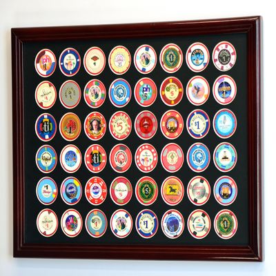 sfDisplay.com,LLC. 48 Casino Chip Coin Frame Display Case with Custom Colored Matting (Cherry Wood Frame, Black/Red Matting)