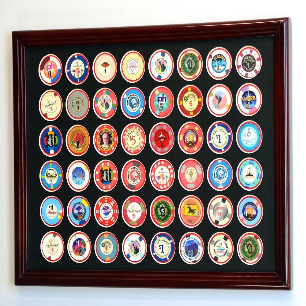 sfDisplay.com,LLC. 48 Casino Chip Coin Frame Display Case with Custom Colored Matting (Cherry Wood Frame, Black/Red Matting)