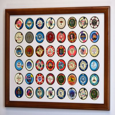 sfDisplay.com,LLC. 48 Casino Chip Coin Frame Display Case with Custom Colored Matting (Walnut Wood Frame, White/Black)