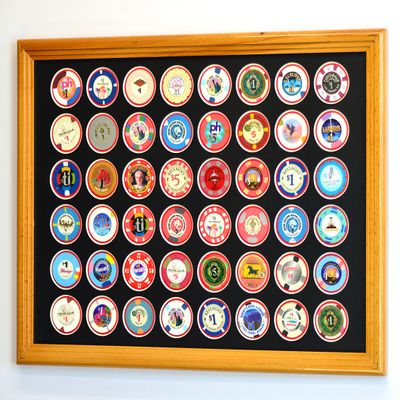 sfDisplay.com,LLC. 48 Casino Chip Coin Frame Display Case with Custom Colored Matting (Oak Wood Frame, Black/Red Matting)