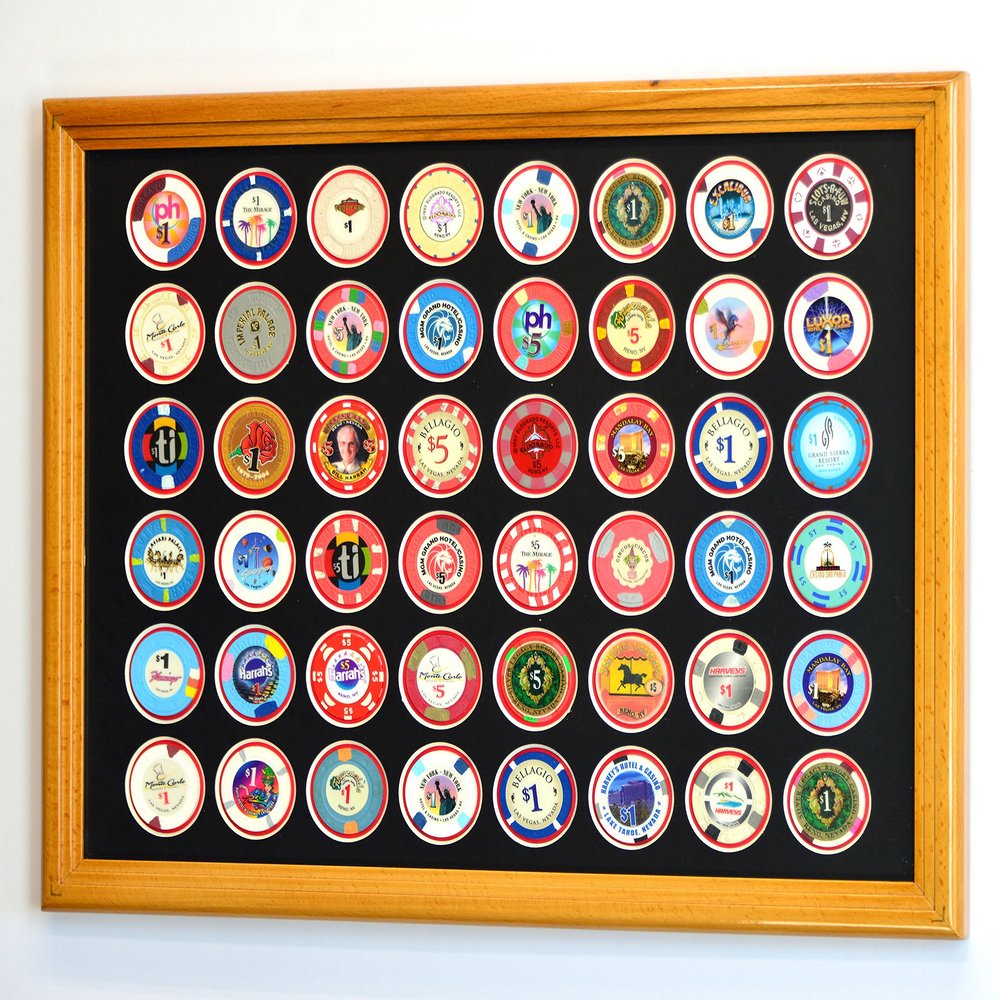 sfDisplay.com,LLC. 48 Casino Chip Coin Frame Display Case with Custom Colored Matting (Oak Wood Frame, Black/Red Matting)