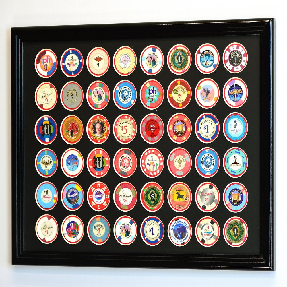 sfDisplay.com,LLC. 48 Casino Chip Coin Frame Display Case with Custom Colored Matting (Black Wood Frame, Black/Red Matting)