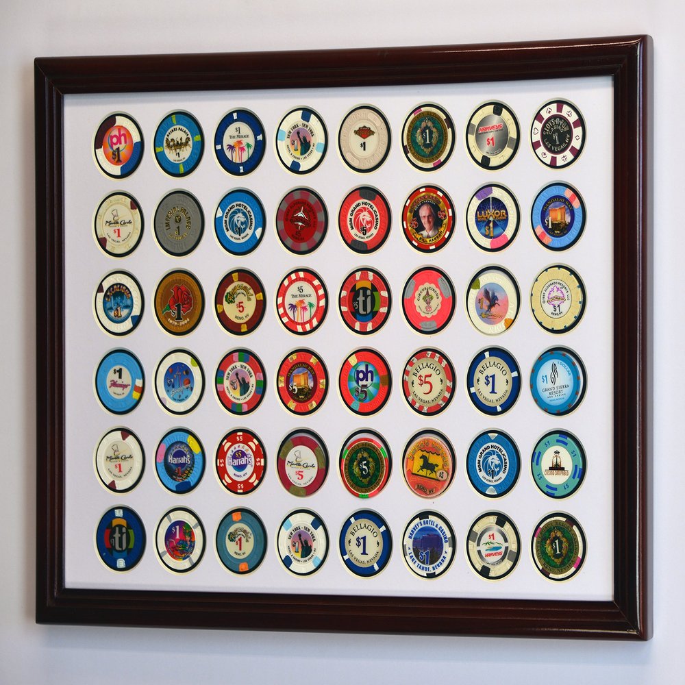 sfDisplay.com,LLC. 48 Casino Chip Coin Frame Display Case with Custom Colored Matting (Cherry Wood Frame, White/Black)