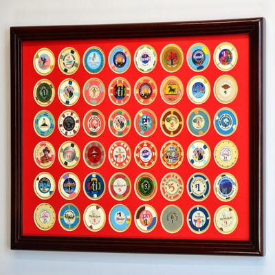 sfDisplay.com,LLC. 48 Casino Chip Coin Frame Display Case with Custom Colored Matting (Cherry Wood Frame, Red/Gold Matting)