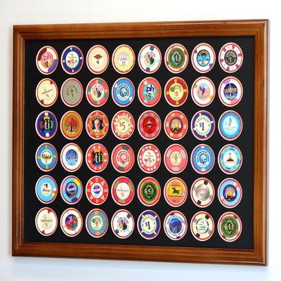 sfDisplay.com,LLC. 48 Casino Chip Coin Frame Display Case with Custom Colored Matting (Walnut Wood Frame, Black/Red Matting)