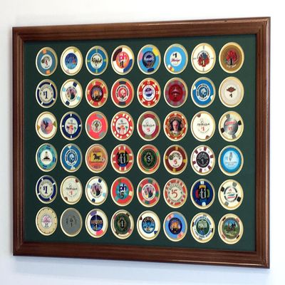 sfDisplay.com,LLC. 48 Casino Chip Coin Frame Display Case with Custom Colored Matting Insert (Walnut Wood Frame, Green/Gold Matting)