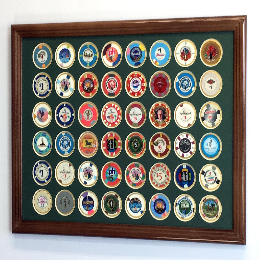 sfDisplay.com,LLC. 48 Casino Chip Coin Frame Display Case with Custom Colored Matting Insert (Walnut Wood Frame, Green/Gold Matting)