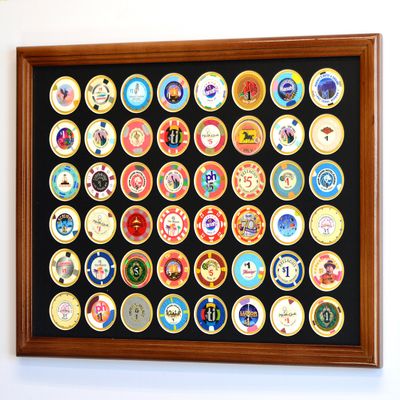 48 Casino Chip Coin Frame Display Case with Custom Colored Matting Insert (Walnut Wood Frame, Black/Gold Matting)