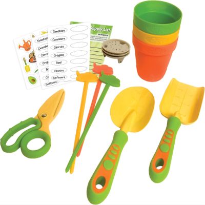 Curious Gardener 12 Piece Gardening Tool Set for Kids Ages 4-8 Years - Grower's Set - Includes Trowel, Shovel, Shears, 3 Nursery Pots, 3 Markers, and 2 Marker Sticker Sheets