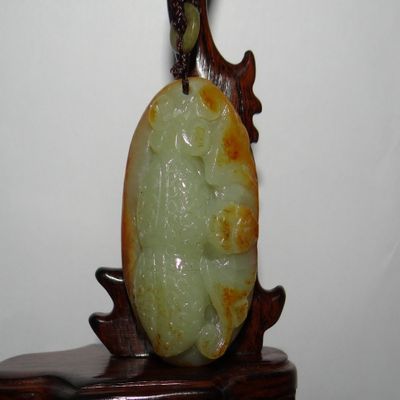 2.4"China Nature Certified Hetian Nephrite Jade Fortune Bat and Peanut Pendant