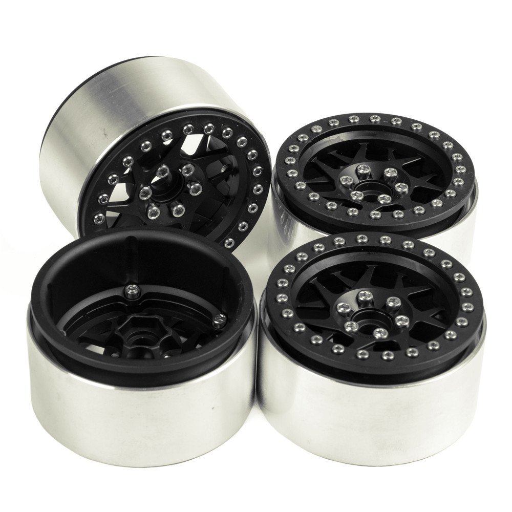 RCLIONS Aluminum Alloy 2.2 Beadlock Wheels/Rims for 1/10 Scale RC Crawler Model Car Wraith 90018 -Pack of 4 (Black)