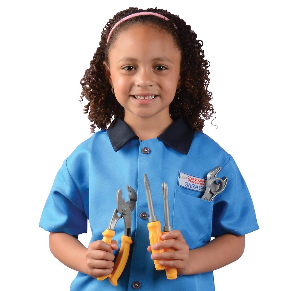 Constructive Playthings Mechanic Classroom Career Outfit and 5 Piece Accessory Set with Hook and Loop Closures Fits Most Children 3-6 Years