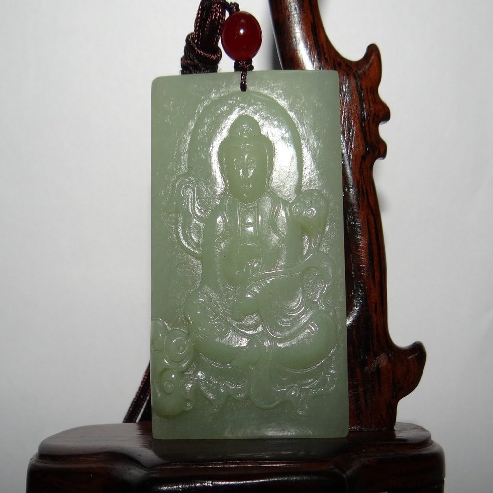 2.4"China Certified Nature Hetian Nephrite Jade Blessing Kwan-yin Necklace Pendants