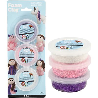Foam Clay sets, white, purple, pink, metallic and glitter, 3x14g