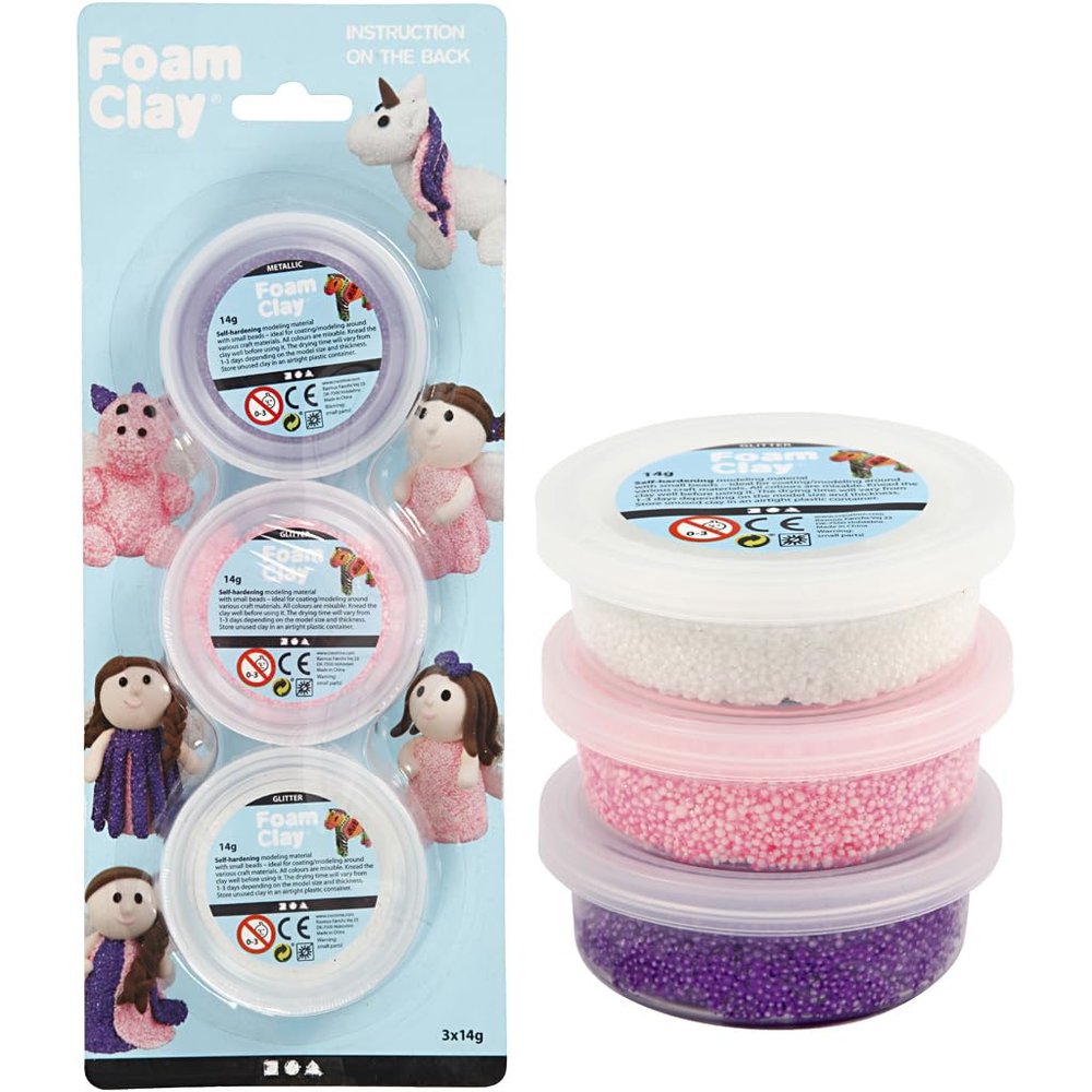 Foam Clay sets, white, purple, pink, metallic and glitter, 3x14g
