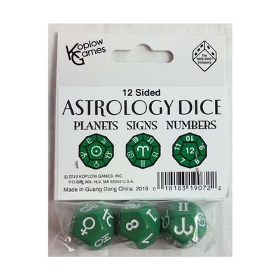 Green Astrology Dice Planets and Signs and Numbers Pack of 3 Koplow Games