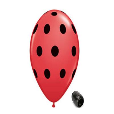 10 Pack 11" Red with Black Polka Dots Ladybug Latex Balloons with Matching Ribbons