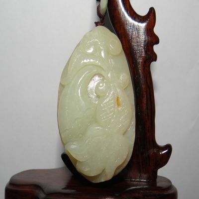 2.2"China Certified Nature Hetian Nephrite Jade Fortune Fish and Lotus Pendants