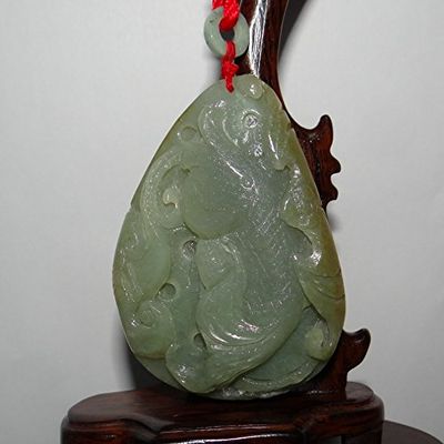 3"China Certified Nature Hetian Nephrite Jade Fortune Fish and Bat Pendants