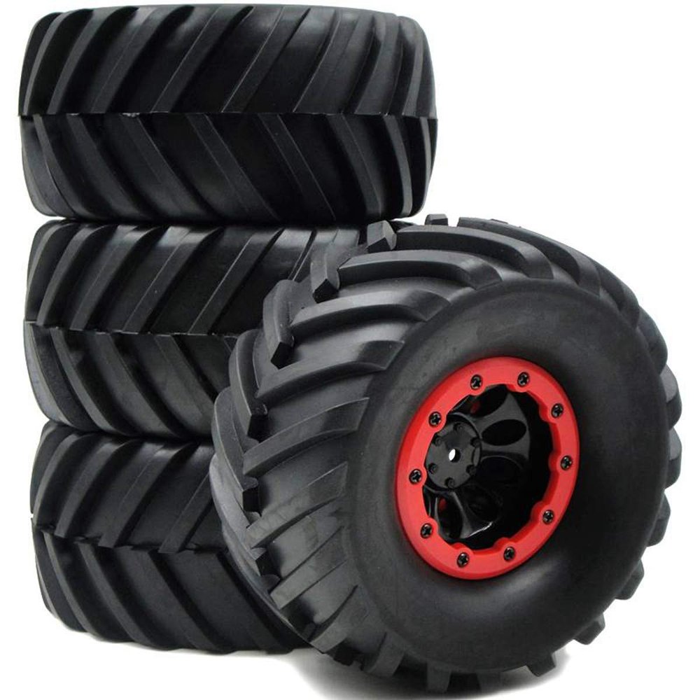 hobbysoul 4pcs RC 2.2 Tires Wide 60mm Tyres Height 130mm/5.12inch & Plastic 2.2 Beadlock Wheels Rims Hex 12mm Fit for RC 1/10 Monster Truck Tractor Mud Crawler Badland Terrain,(4-Pack)